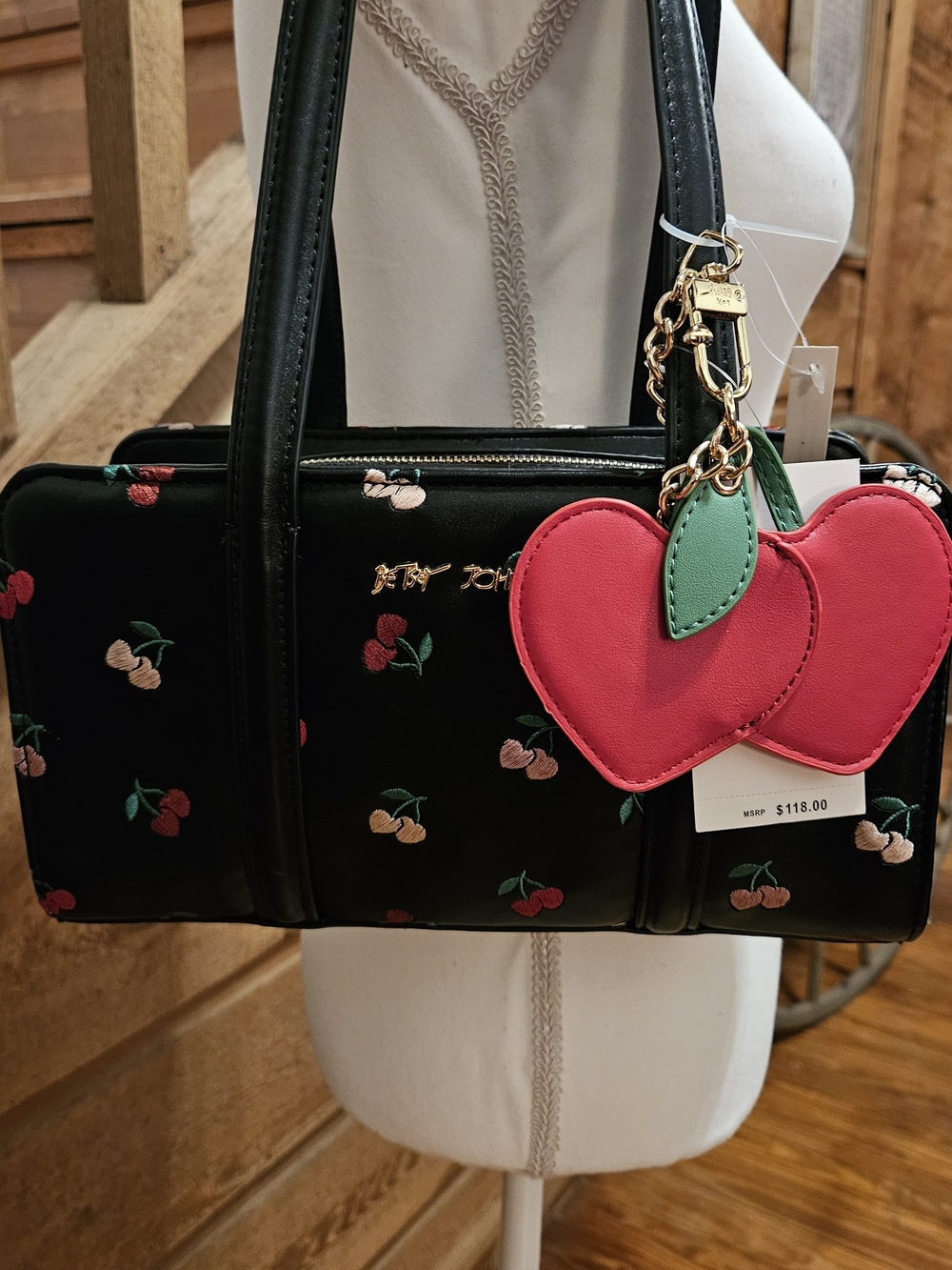 Betsey Johnson Black Satchel with Pink Cherry Heart Keychain